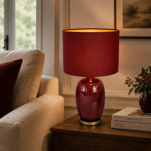 Gia 25 Inch Table Lamp, Drum Shade, Vase Shape Glass Body, Red Finish By Casagear Home