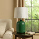 27 Inch Table Lamp, Drum Shade, Round Drop Shaped Glass Body, Green Finish By Casagear Home