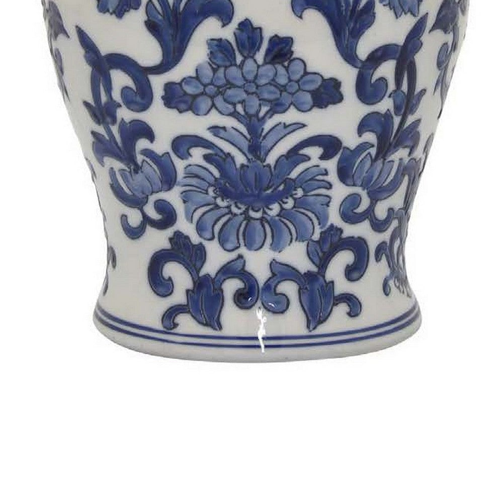 18 Inch Temple Jar Ceramic Blue and White Floral Print Removable Lid By Casagear Home BM309842