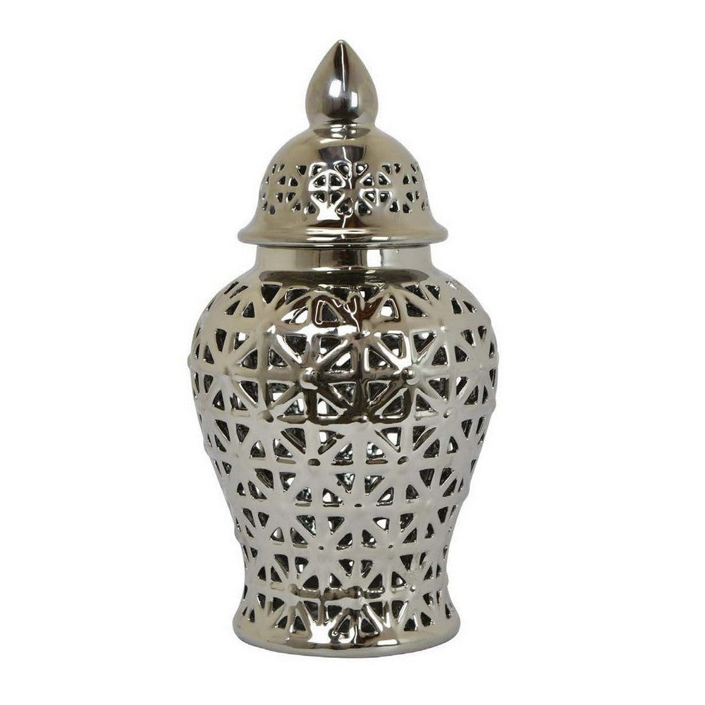 13 Inch Ginger Jar Pierced Carved Lattice Design Removable Lid Silver By Casagear Home BM309844