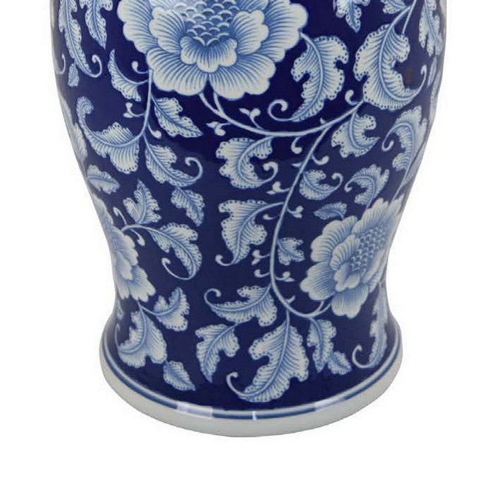 21 Inch Temple Ginger Jar Blue White Floral Print Lid Ceramic Pottery By Casagear Home BM309850