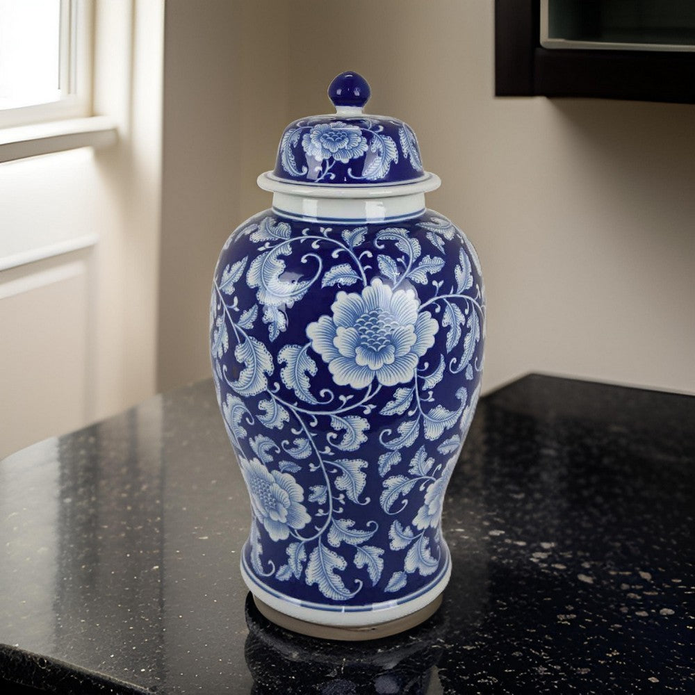 21 Inch Temple Ginger Jar, Blue, White Floral Print, Lid, Ceramic Pottery By Casagear Home