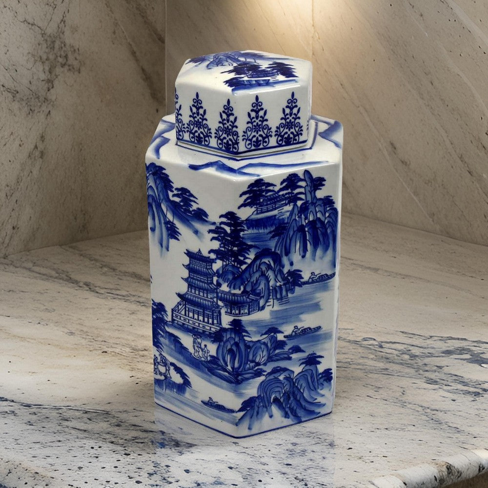 Deno 13 Inch Decorative Jar with Lid, Ceramic, Scenery in Blue and White By Casagear Home