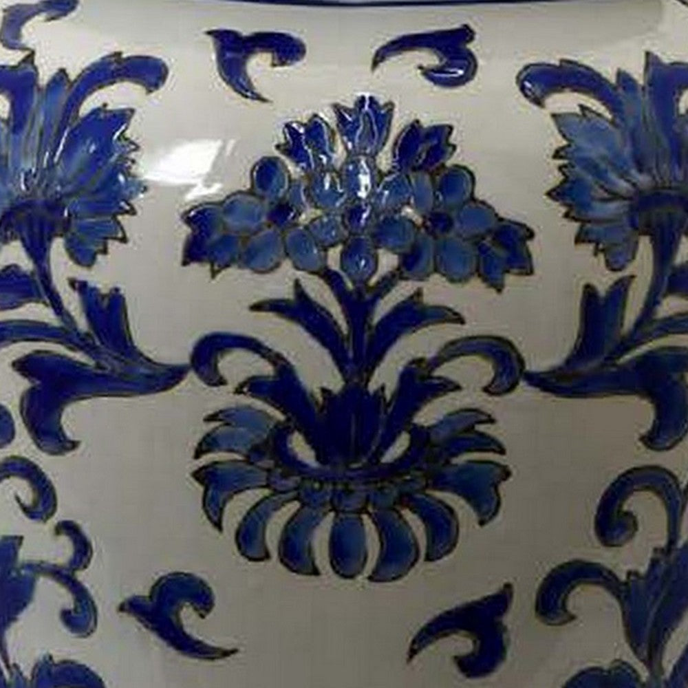 Lise 25 Inch Temple Ginger Jar Ceramic Multi Floral Design White Blue By Casagear Home BM309897