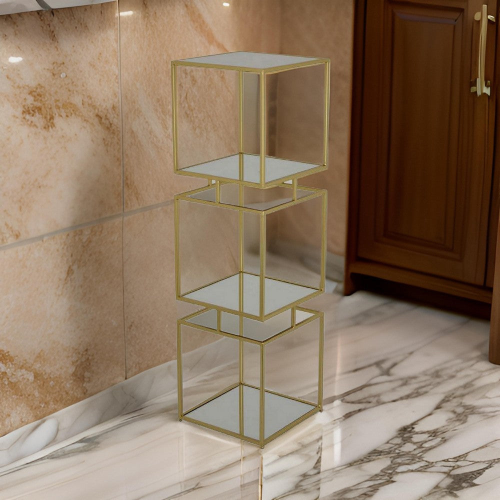 Joy 41 Inch Plant Stand Shelves, Mirrored Box Shape, 3 Tier, Gold Metal By Casagear Home