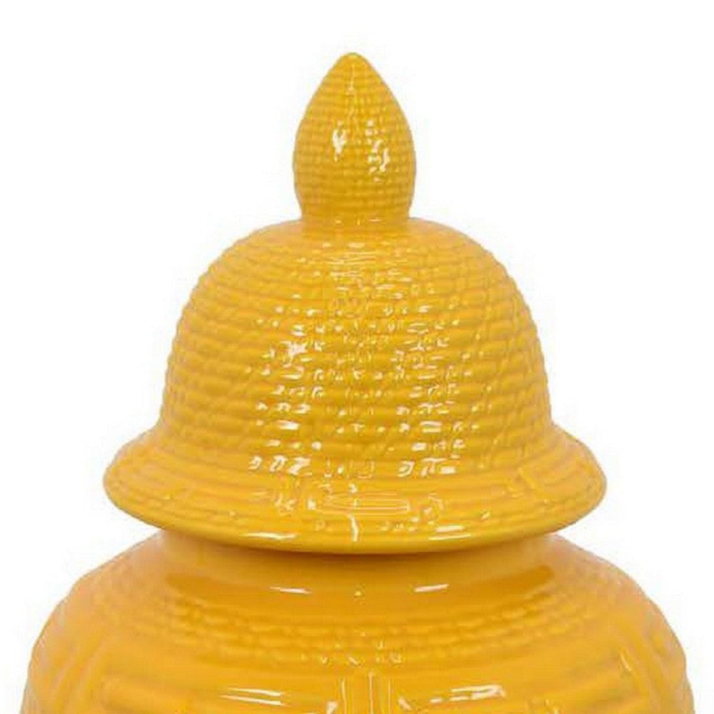 Bryan 24 Inch Ceramic Temple Jar Geometric Print Finial Top Yellow By Casagear Home BM309931