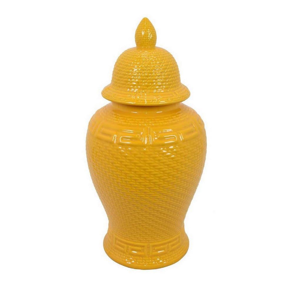 Bryan 24 Inch Ceramic Temple Jar Geometric Print Finial Top Yellow By Casagear Home BM309931