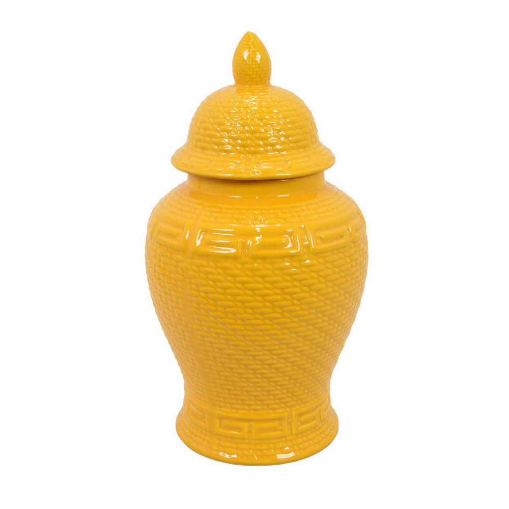 Bryan 18 Inch Ceramic Temple Jar Geometric Print Finial Top Yellow By Casagear Home BM309932