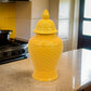 Bryan 13 Inch Ceramic Temple Jar, Geometric Print, Finial Top, Yellow By Casagear Home