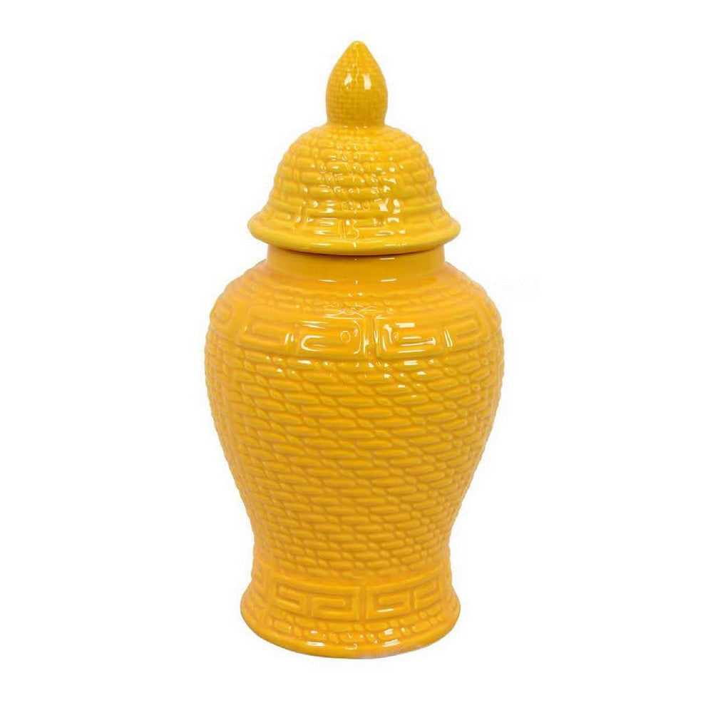 Bryan 13 Inch Ceramic Temple Jar Geometric Print Finial Top Yellow By Casagear Home BM309933