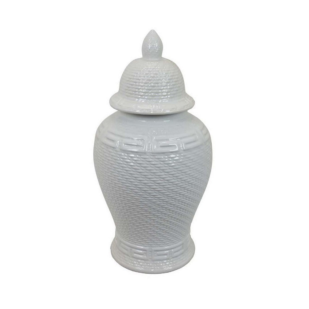 Bryan 24 Inch Ceramic Temple Jar Geometric Print Finial Top White By Casagear Home BM309934