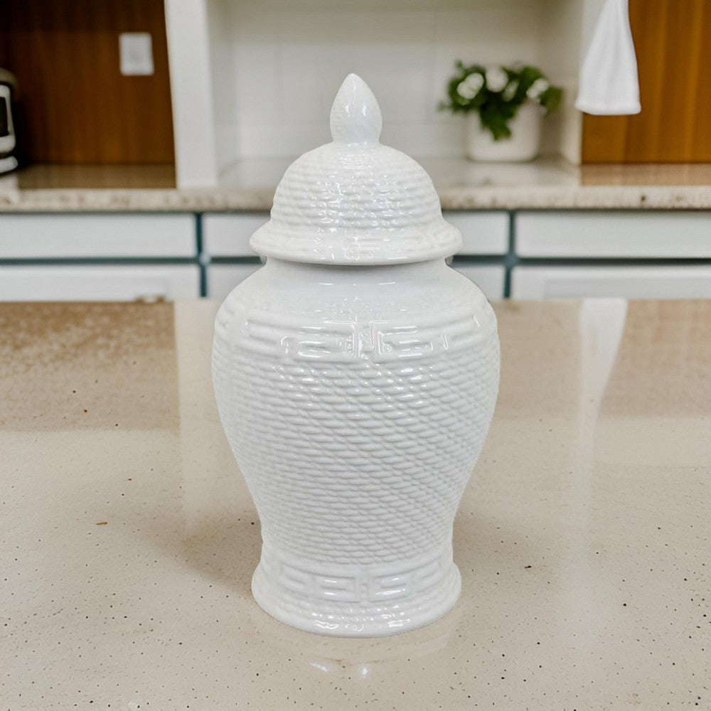 Bryan 18 Inch Ceramic Temple Jar, Geometric Print, Finial Top, White By Casagear Home