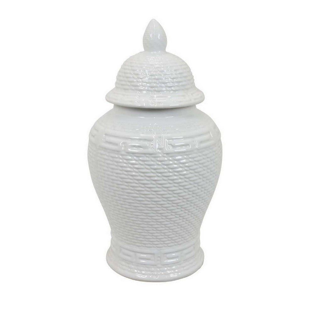 Bryan 18 Inch Ceramic Temple Jar Geometric Print Finial Top White By Casagear Home BM309935