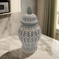 12 Inch Temple Jar, Ceramic Intricate Geometric Pattern, Removable Lid, Olive Green By Casagear Home