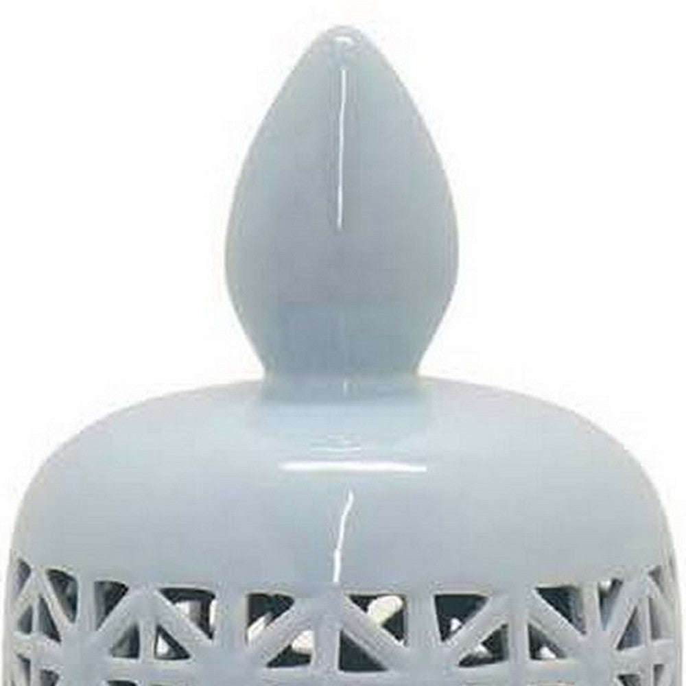 Deni 20 Inch Temple Jar Ceramic Blue White Floral Cut Out Design with Lid By Casagear Home BM309953