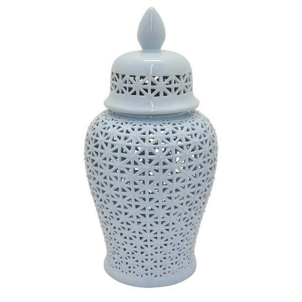 Deni 20 Inch Temple Jar Ceramic Blue White Floral Cut Out Design with Lid By Casagear Home BM309953