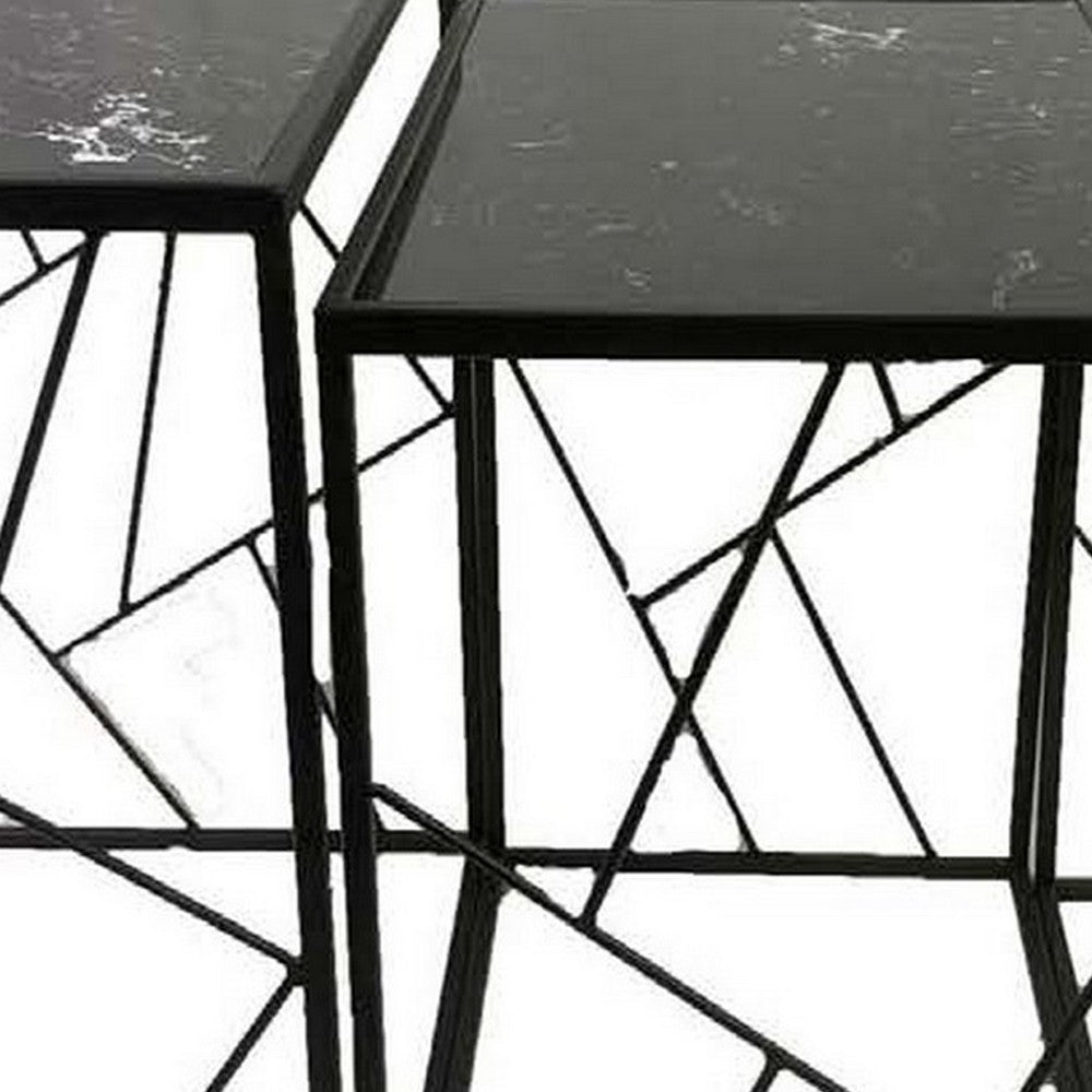 Plant Stand Table Set of 3 Geometric Style Black Metal Frames Marble Top By Casagear Home BM309956