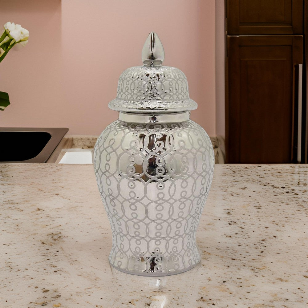 Deni 19 Inch Temple Jar, Classic Design, Removable Lid, Ceramic, Silver By Casagear Home