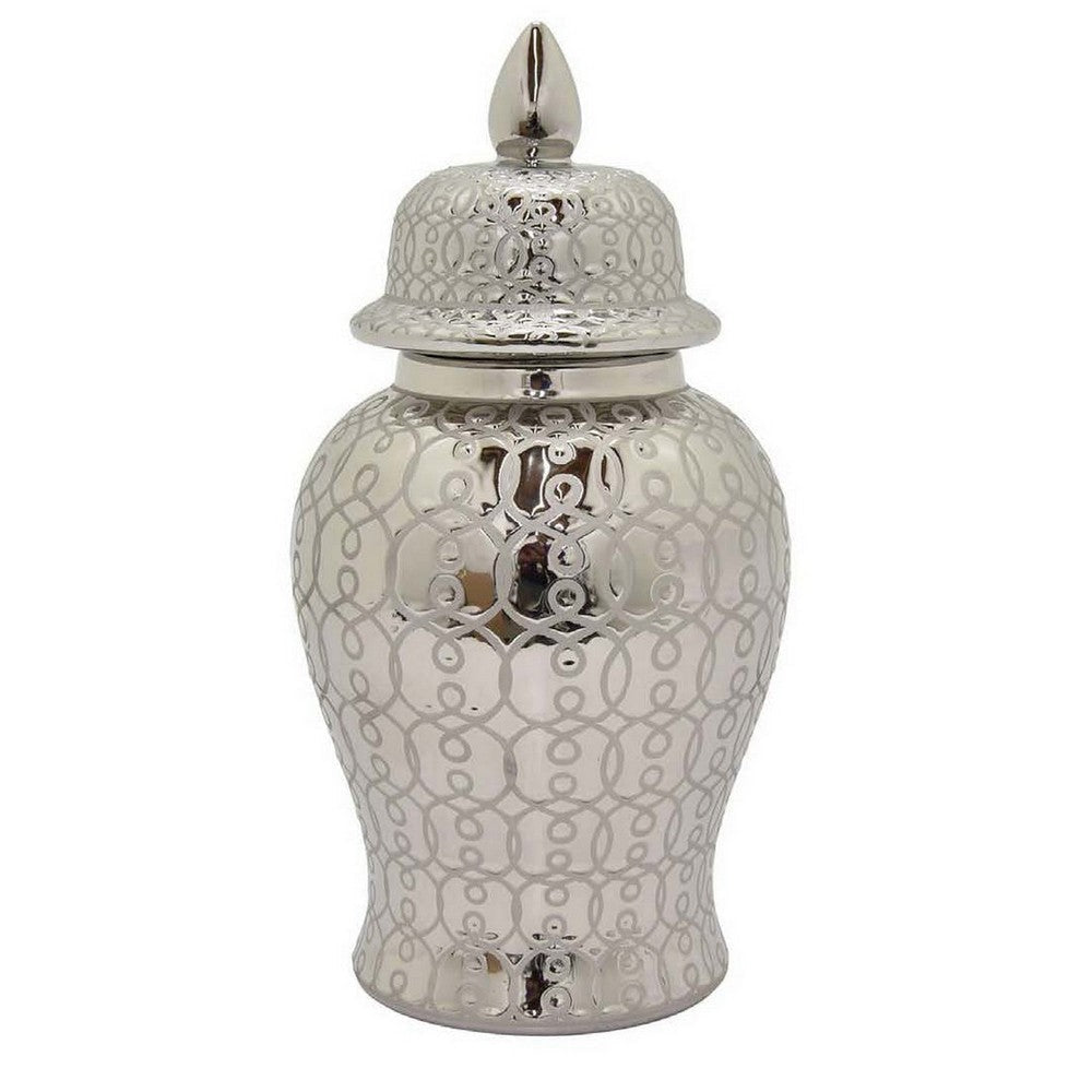 Deni 19 Inch Temple Jar Classic Design Removable Lid Ceramic Silver By Casagear Home BM309964