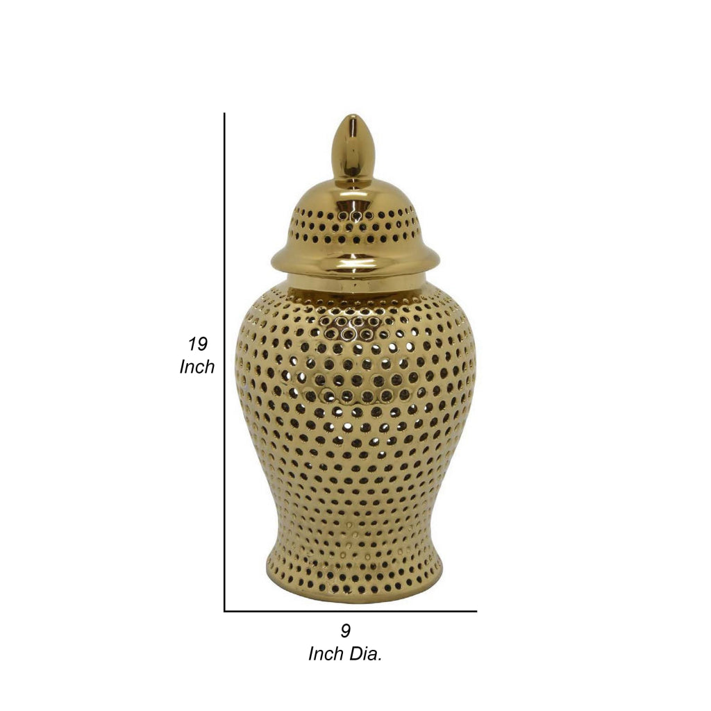 Deni 25 Inch Temple Jar Small Carved Cut Out Lattice Lid Gold Ceramic By Casagear Home BM309967