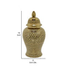 Deni 25 Inch Temple Jar Small Carved Cut Out Lattice Lid Gold Ceramic By Casagear Home BM309967