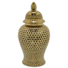 Deni 25 Inch Temple Jar Small Carved Cut Out Lattice Lid Gold Ceramic By Casagear Home BM309967