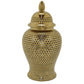 Deni 25 Inch Temple Jar Large Carved Cut Out Lattice Lid Gold Porcelain By Casagear Home BM309968