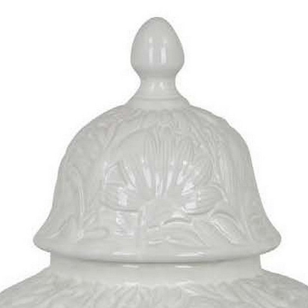 Deni 18 Inch Temple Jar Embossed Design Removable Lid White Finish By Casagear Home BM309972