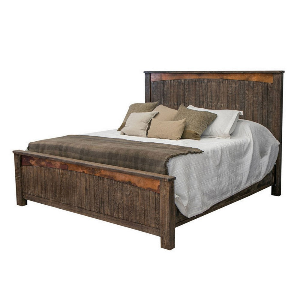 Brun Queen Size Bed Pine Wood Planked Design Rustic Brown Copper Accents By Casagear Home BM309974