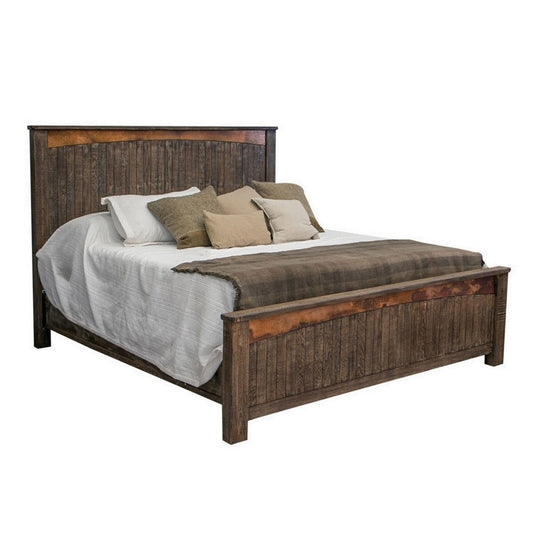 Brun Queen Size Bed, Pine Wood Planked Design, Rustic Brown, Copper Accents By Casagear Home