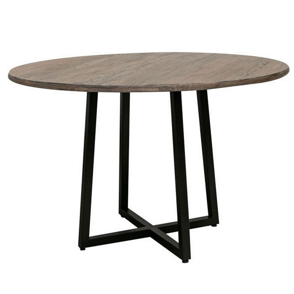 Piel 26 Inch Dining Table Brown Pine and Mango Wood Round Top Black Metal By Casagear Home BM309975