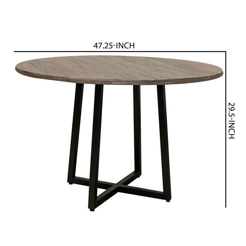 Piel 26 Inch Dining Table Brown Pine and Mango Wood Round Top Black Metal By Casagear Home BM309975