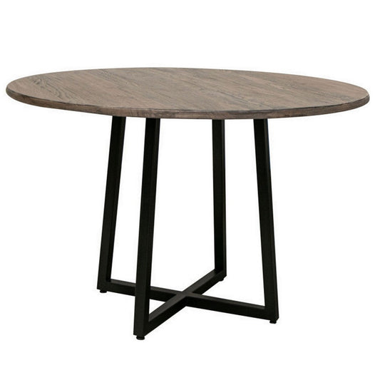 Piel 26 Inch Dining Table, Brown Pine and Mango Wood Round Top, Black Metal By Casagear Home