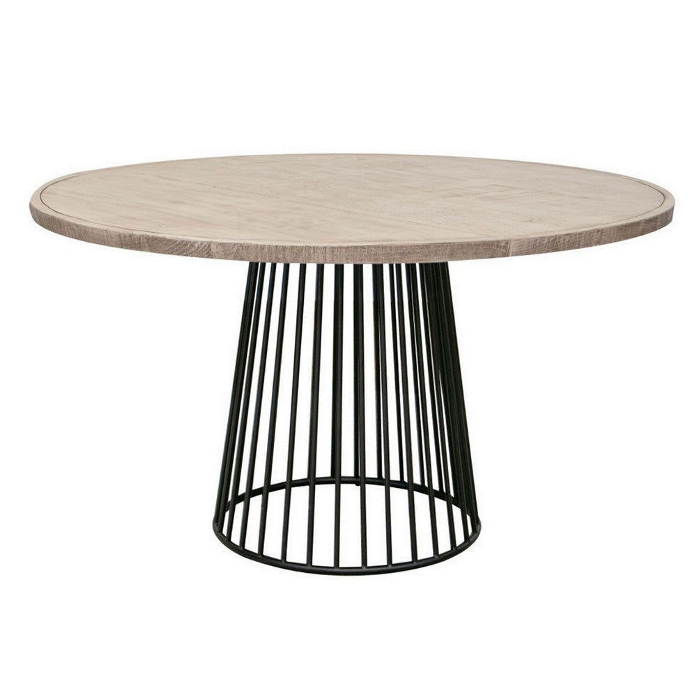 Aose 53 Inch Dining Table Pine Wood Round Top Conical Black Metal Base By Casagear Home BM309976