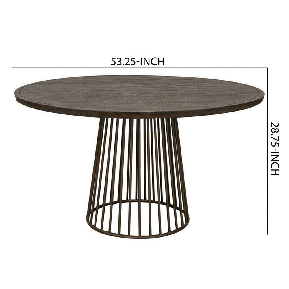 Noa 53 Inch Dining Table Pine Wood Round Top Cone Shaped Gold Metal Base By Casagear Home BM309979