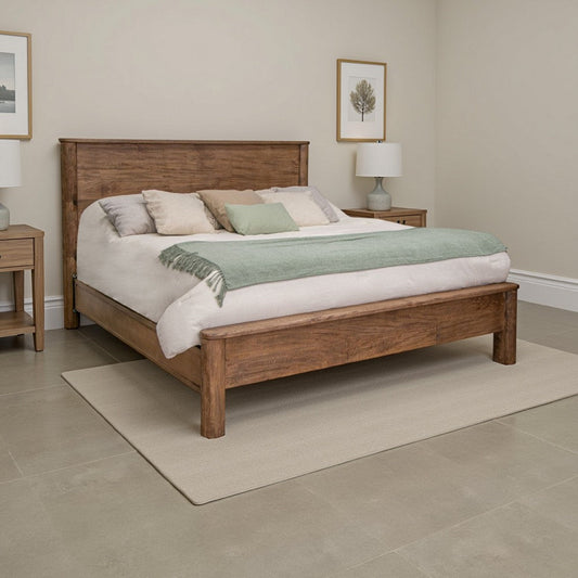 Olum Queen Size Bed, Mango Wood, Grain Details, Rounded Edges, Rustic Brown By Casagear Home