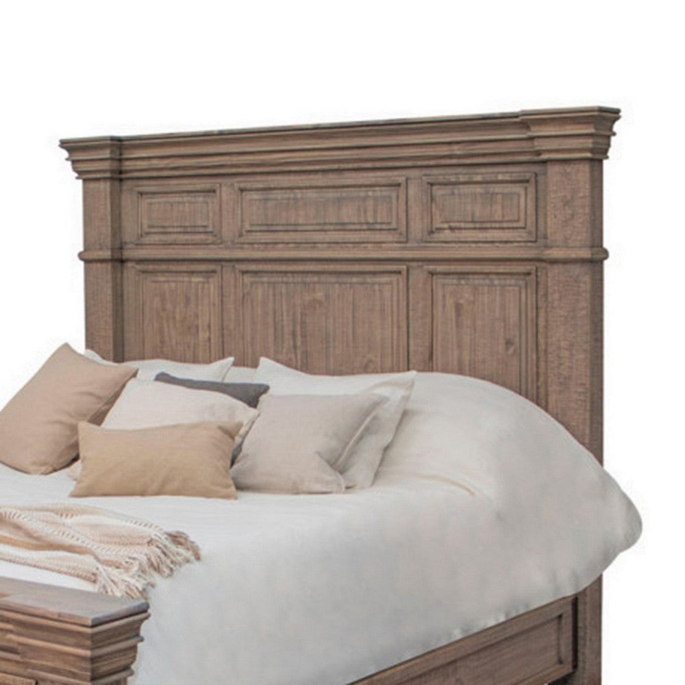 Riel King Size Bed Solid Pine Wood with Molded Details Wire Brushed Brown By Casagear Home BM309985