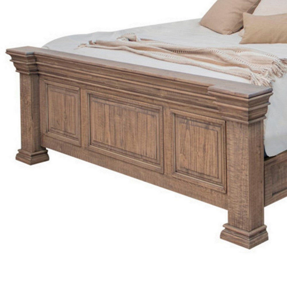 Riel King Size Bed Solid Pine Wood with Molded Details Wire Brushed Brown By Casagear Home BM309985