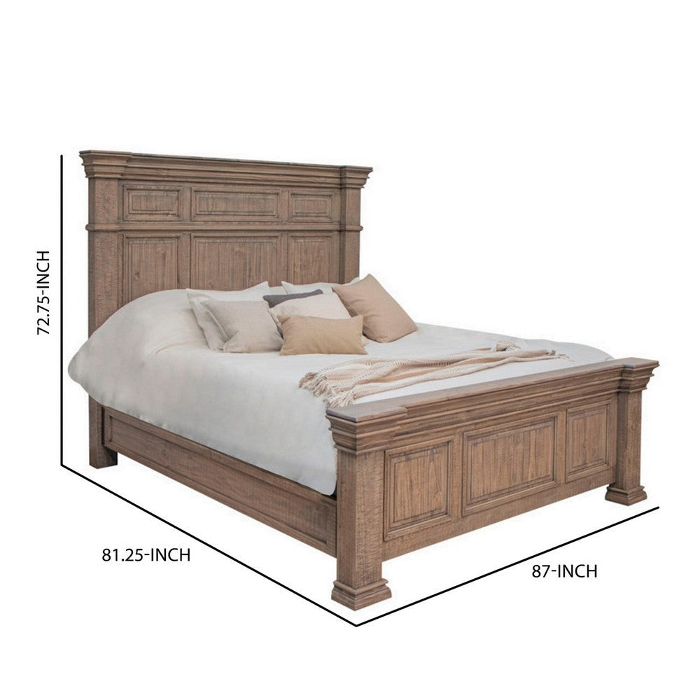 Riel King Size Bed Solid Pine Wood with Molded Details Wire Brushed Brown By Casagear Home BM309985