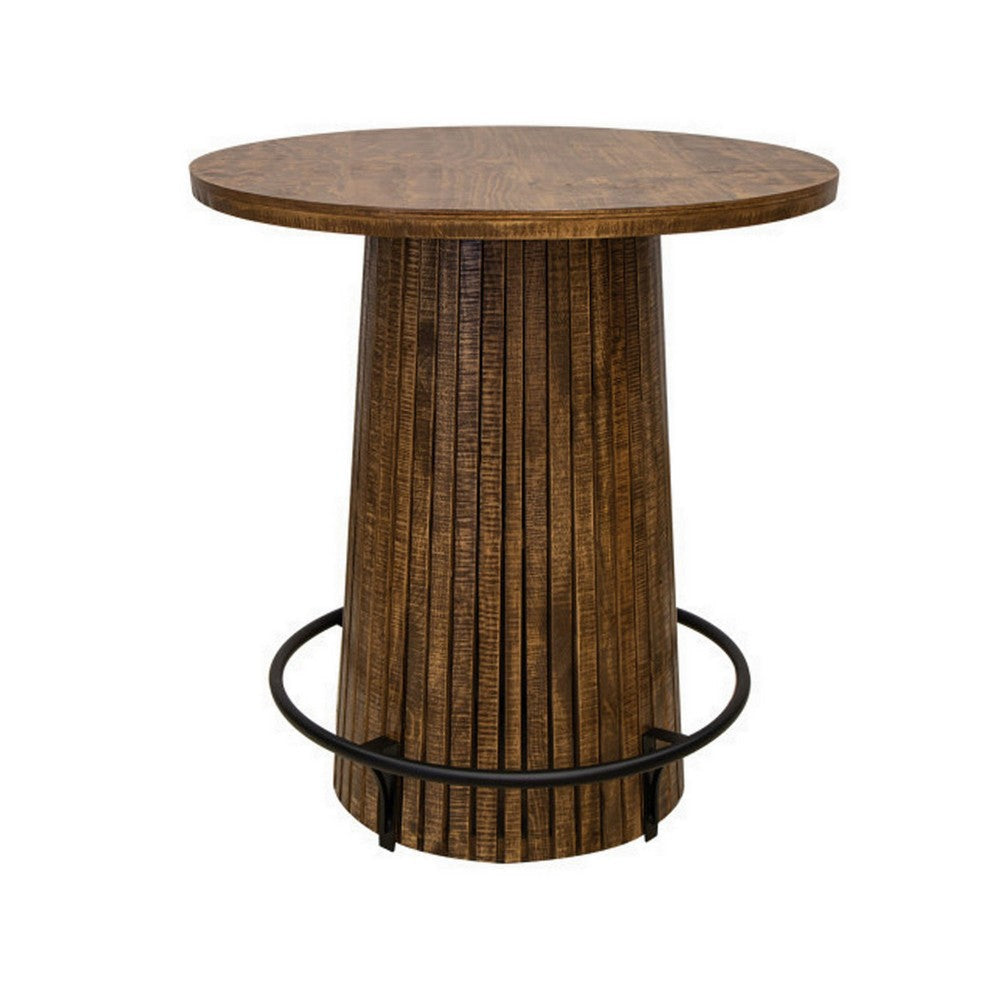 Texu 39 Inch Bistro Table Round Top Brown Pine Wood Black Iron Footrest By Casagear Home BM309988