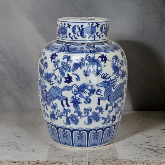 Gloomy 15 Inch Decorative Jar, Ceramic Frame, Blue and White Floral Print By Casagear Home