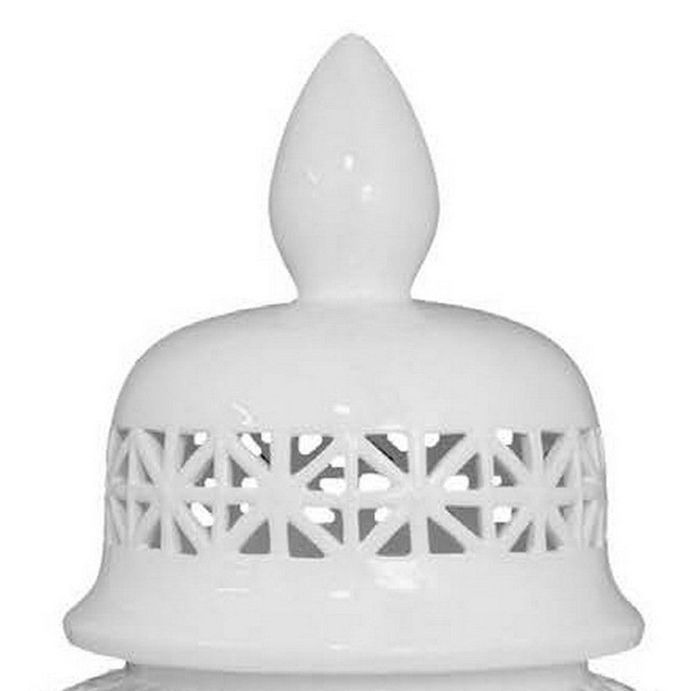 Paul 34 Inch Pierced Temple Jar with Lid Intricate Pattern Ceramic White By Casagear Home BM310040