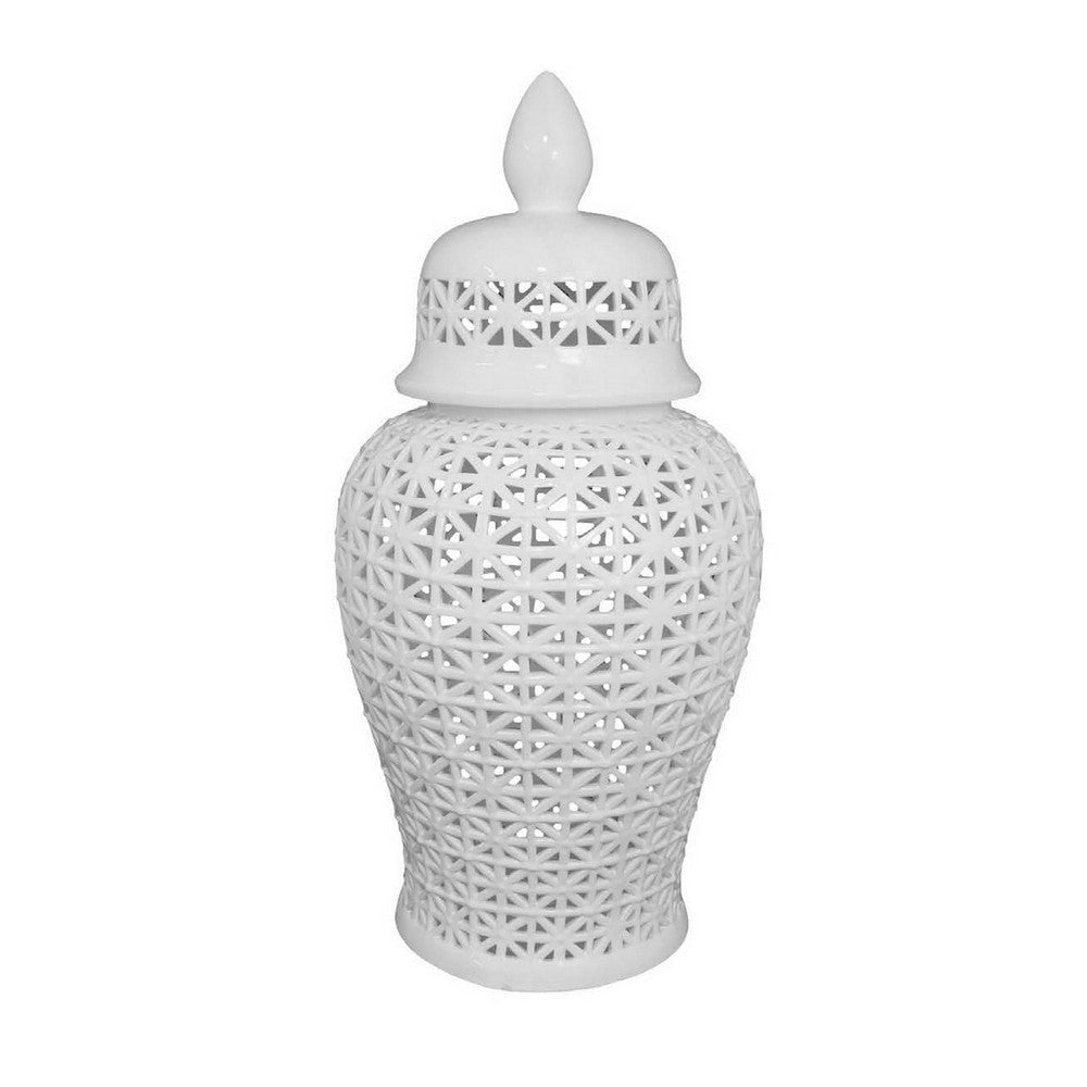 Paul 34 Inch Pierced Temple Jar with Lid Intricate Pattern Ceramic White By Casagear Home BM310040