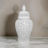 Paul 34 Inch Pierced Temple Jar with Lid, Intricate Pattern Ceramic, White By Casagear Home