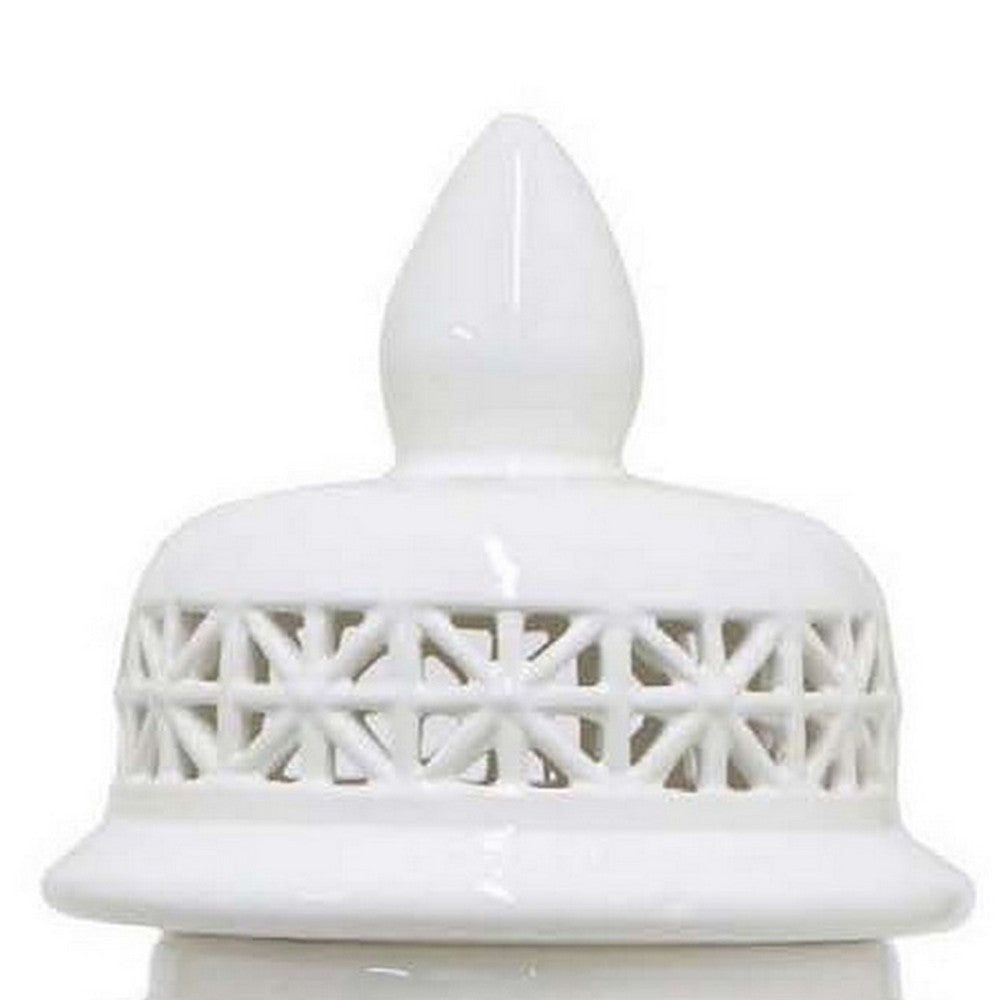 Paul 25 Inch Pierced Temple Jar with Lid Intricate Pattern Ceramic White By Casagear Home BM310041