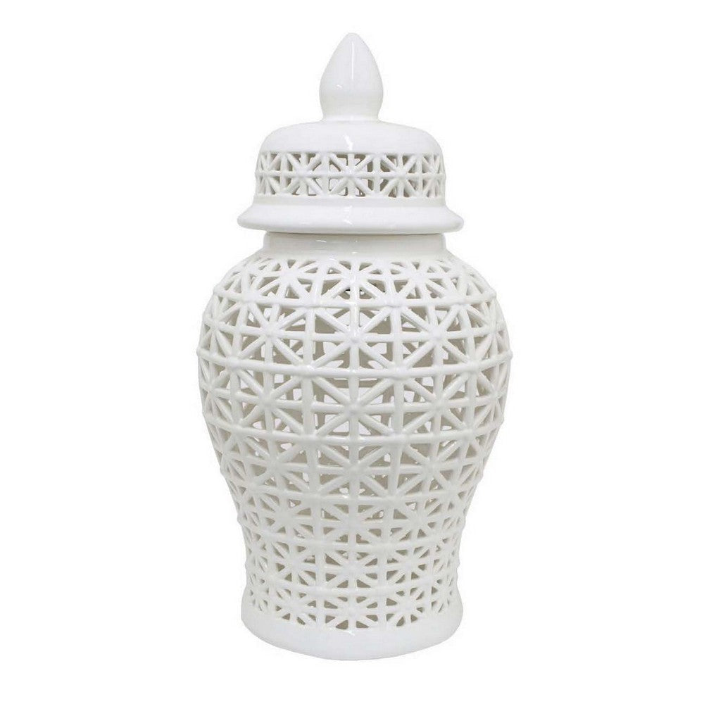 Paul 25 Inch Pierced Temple Jar with Lid Intricate Pattern Ceramic White By Casagear Home BM310041