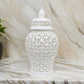 Paul 25 Inch Pierced Temple Jar with Lid, Intricate Pattern Ceramic, White By Casagear Home