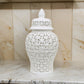 Paul 20 Inch Pierced Temple Jar with Lid, Intricate Pattern Ceramic, White By Casagear Home