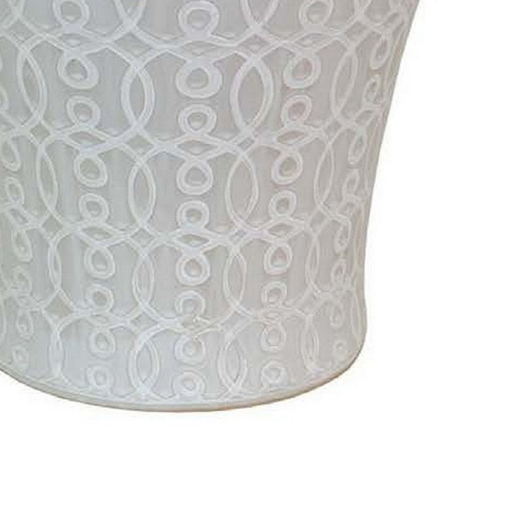 Deni 33 Inch Temple Jar Removable Lid Carved Pattern Ceramic White By Casagear Home BM310047