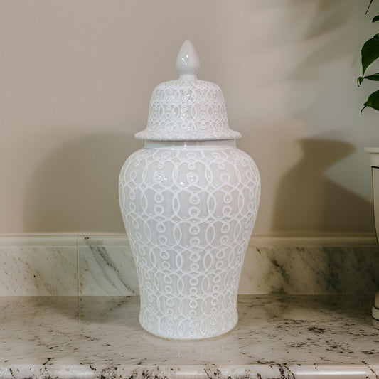 Deni 33 Inch Temple Jar, Removable Lid, Carved Pattern, Ceramic, White By Casagear Home